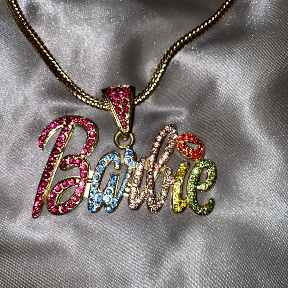 Rainbow Rhinestone Barbie Logo Necklace 
